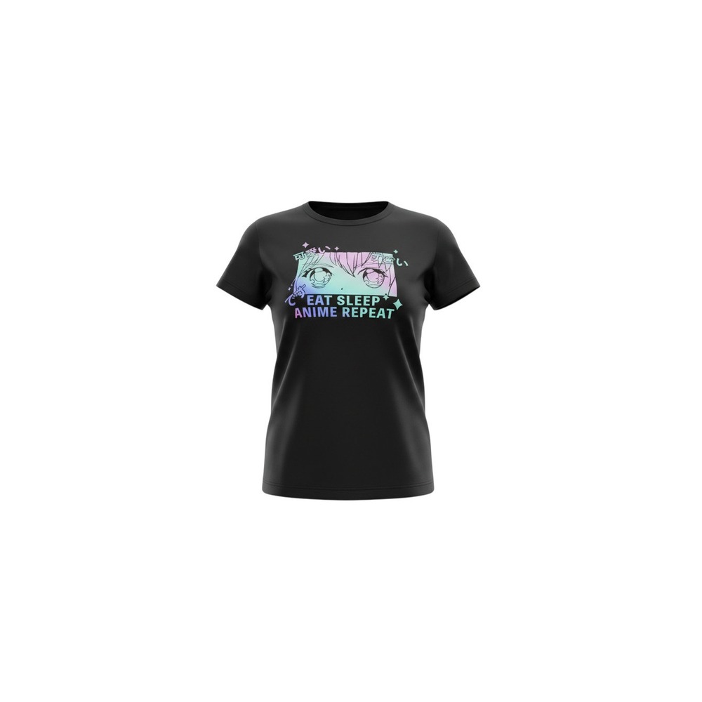 Wound Up Graphic Tee Juniors XL Black Eat Sleep Anime Repeat Pastel Ombre
